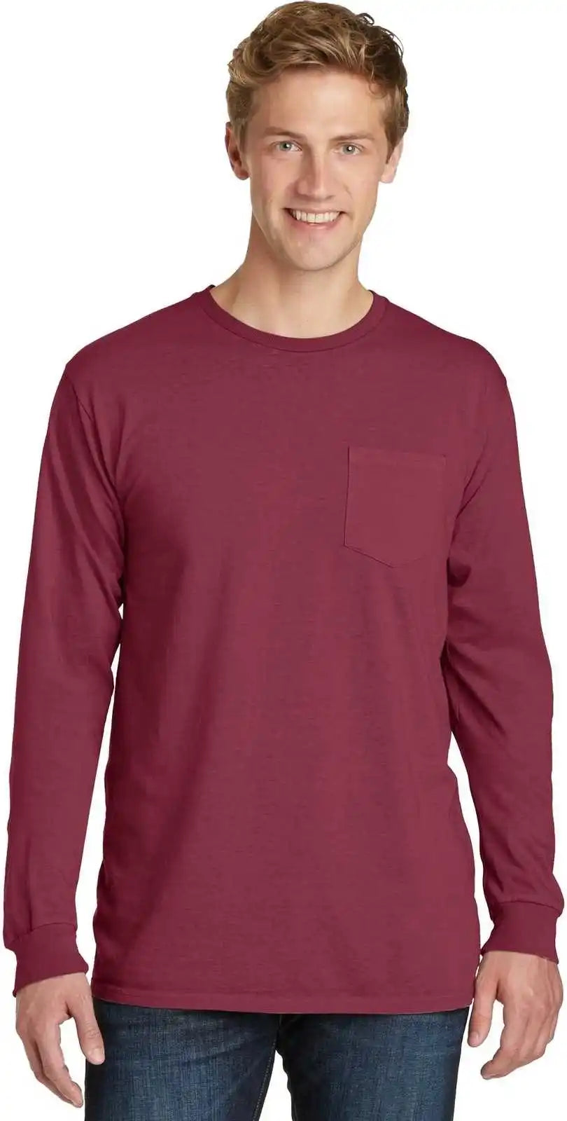 Port & Company Pc099lsp Beach Wash Garment-dyed Long Sleeve Pocket Tee - Merlot