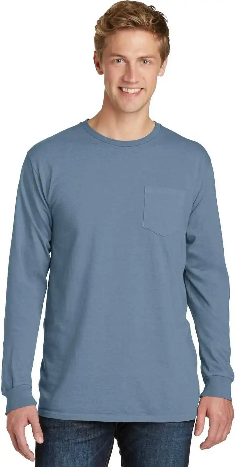 Port & Company Pc099lsp Beach Wash Garment-dyed Long Sleeve Pocket Tee - Denim Blue