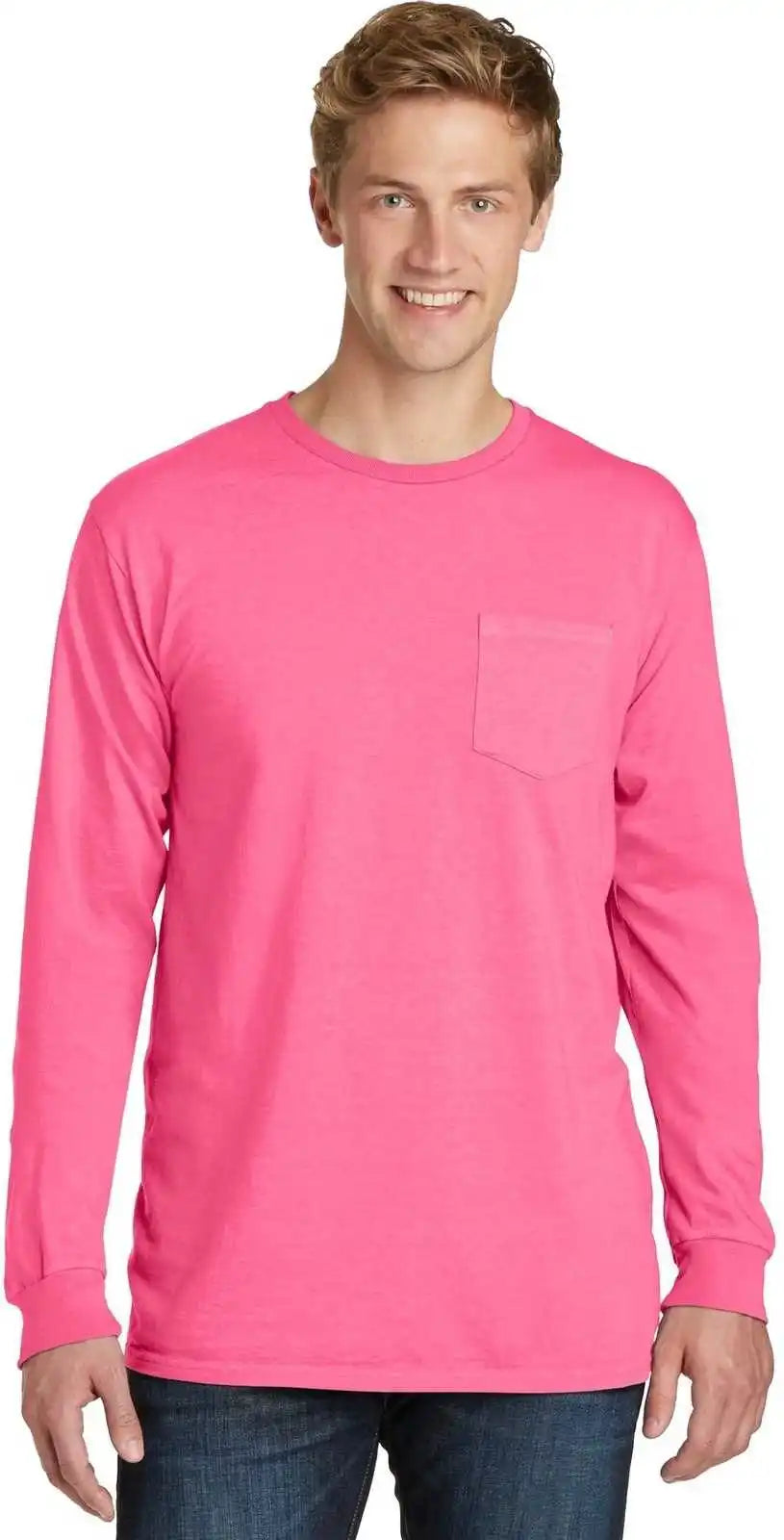 Port & Company Pc099lsp Beach Wash Garment-dyed Long Sleeve Pocket Tee - Neon Pink