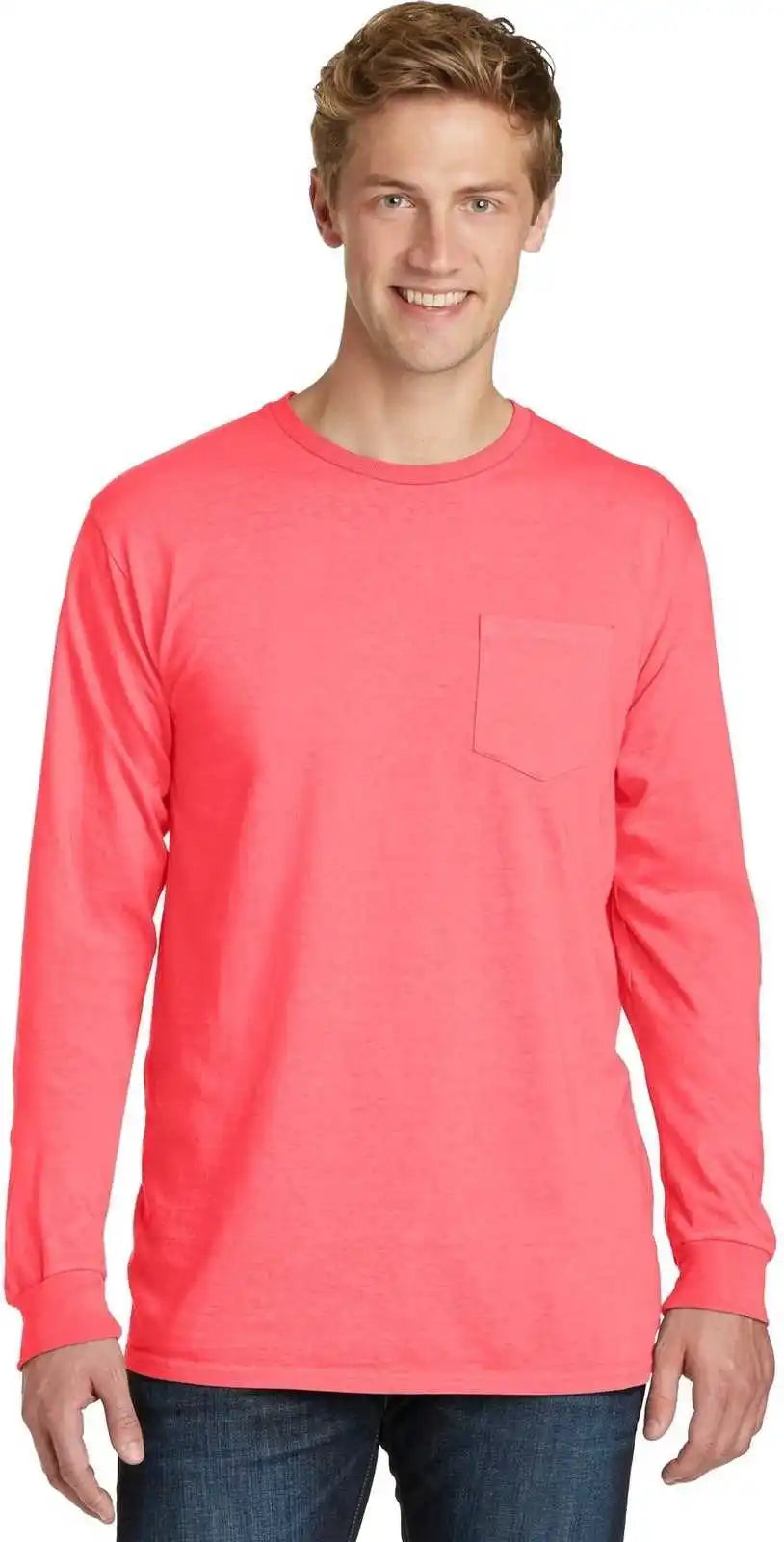 Port & Company Pc099lsp Beach Wash Garment-dyed Long Sleeve Pocket Tee - Neon Coral