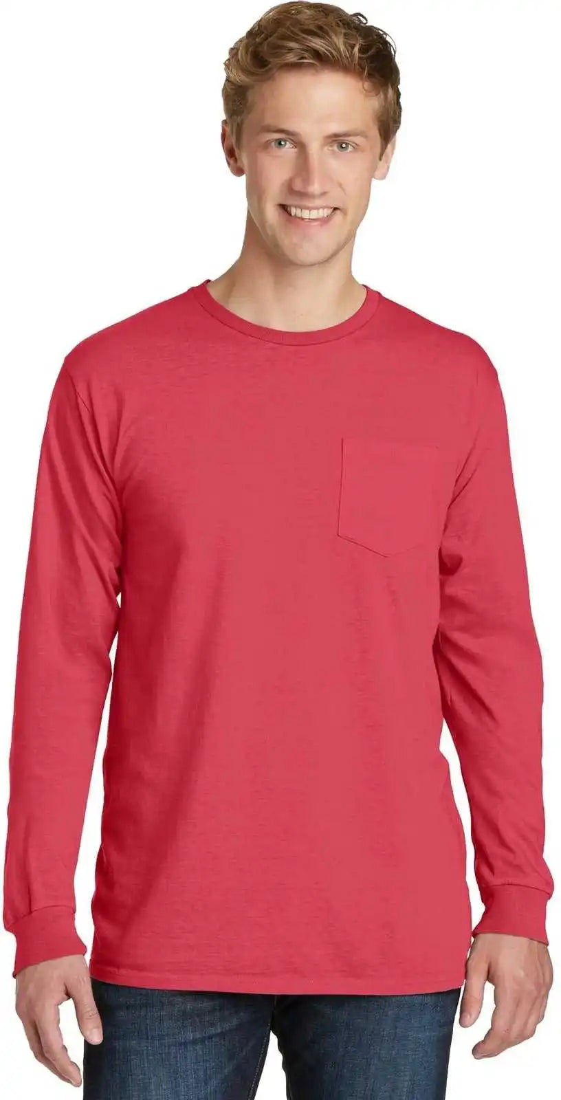 Port & Company Pc099lsp Beach Wash Garment-dyed Long Sleeve Pocket Tee - Poppy