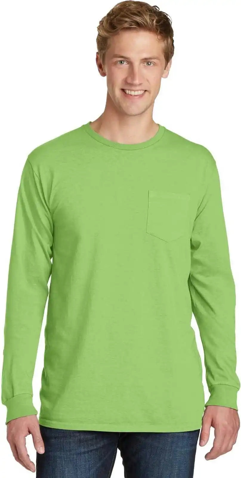 Port &amp; Company Pc099lsp Beach Wash Garment-dyed Long Sleeve Pocket Tee - Limeade