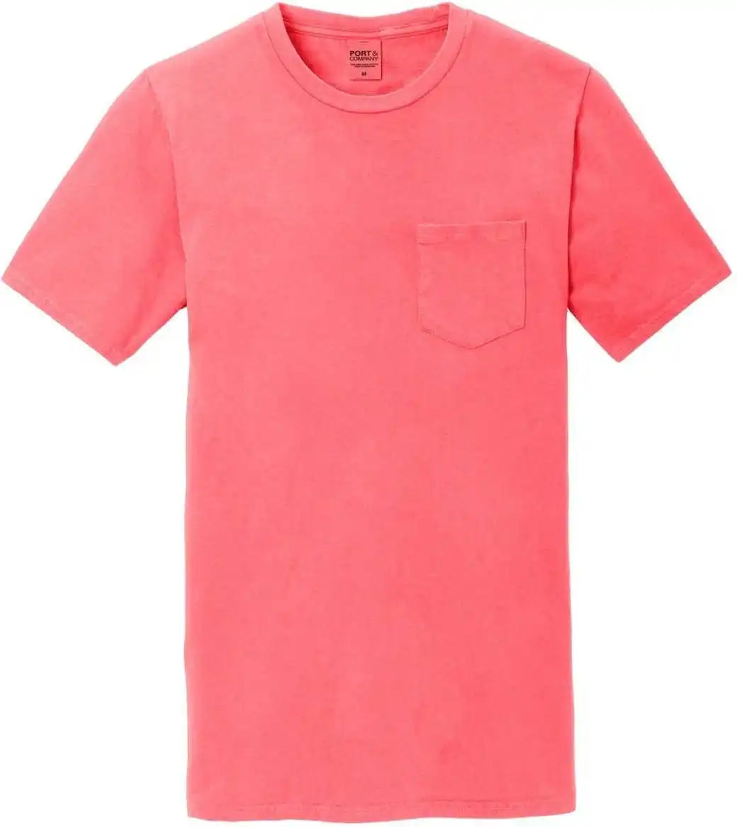 Port &amp; Company Pc099p Beach Wash Garment-dyed Pocket Tee - Neon Coral