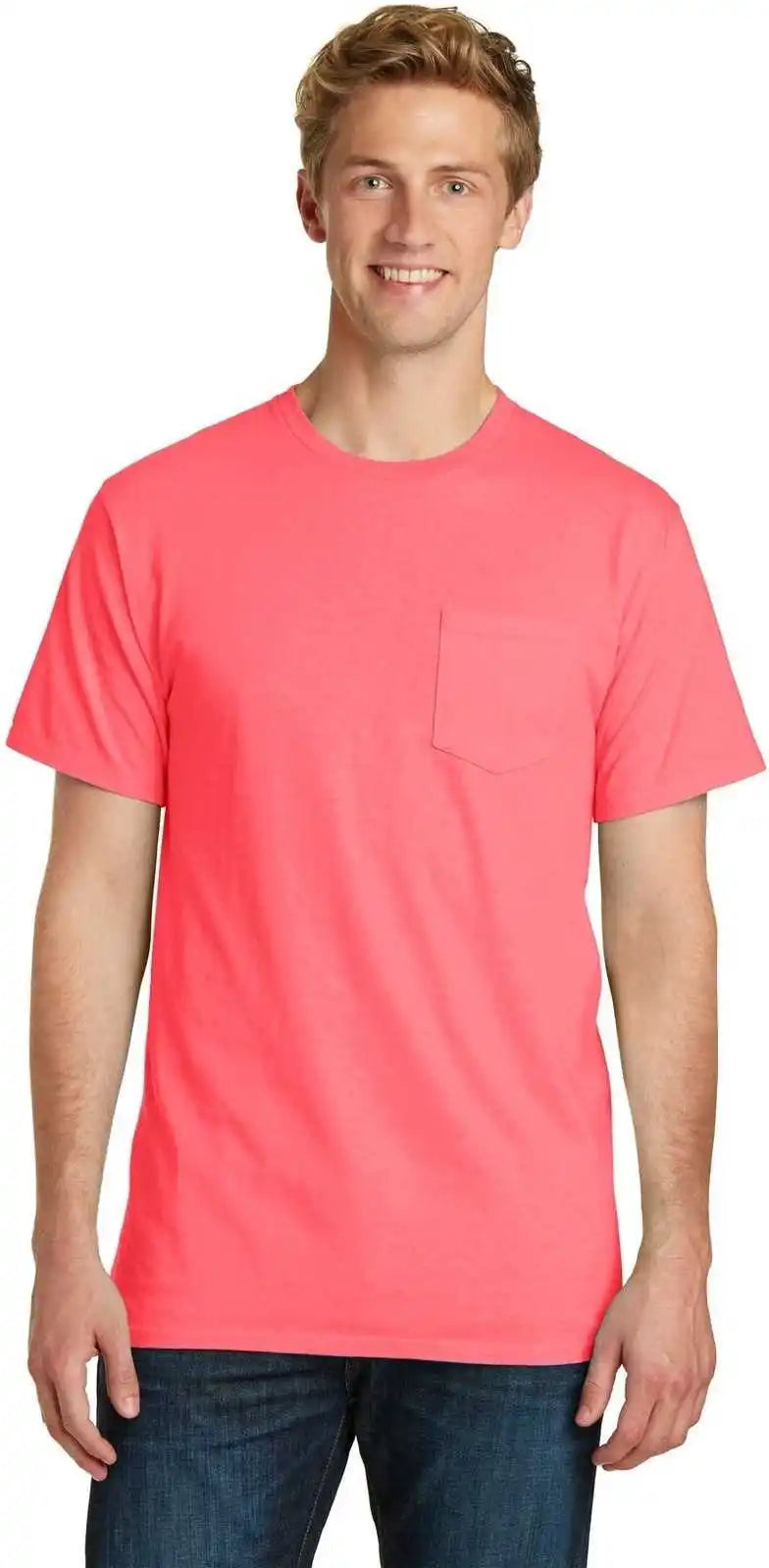 Port & Company Pc099p Beach Wash Garment-dyed Pocket Tee - Neon Coral