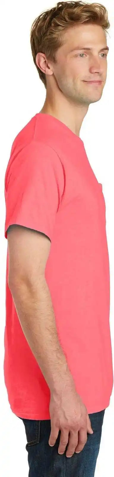 Port &amp; Company Pc099p Beach Wash Garment-dyed Pocket Tee - Neon Coral