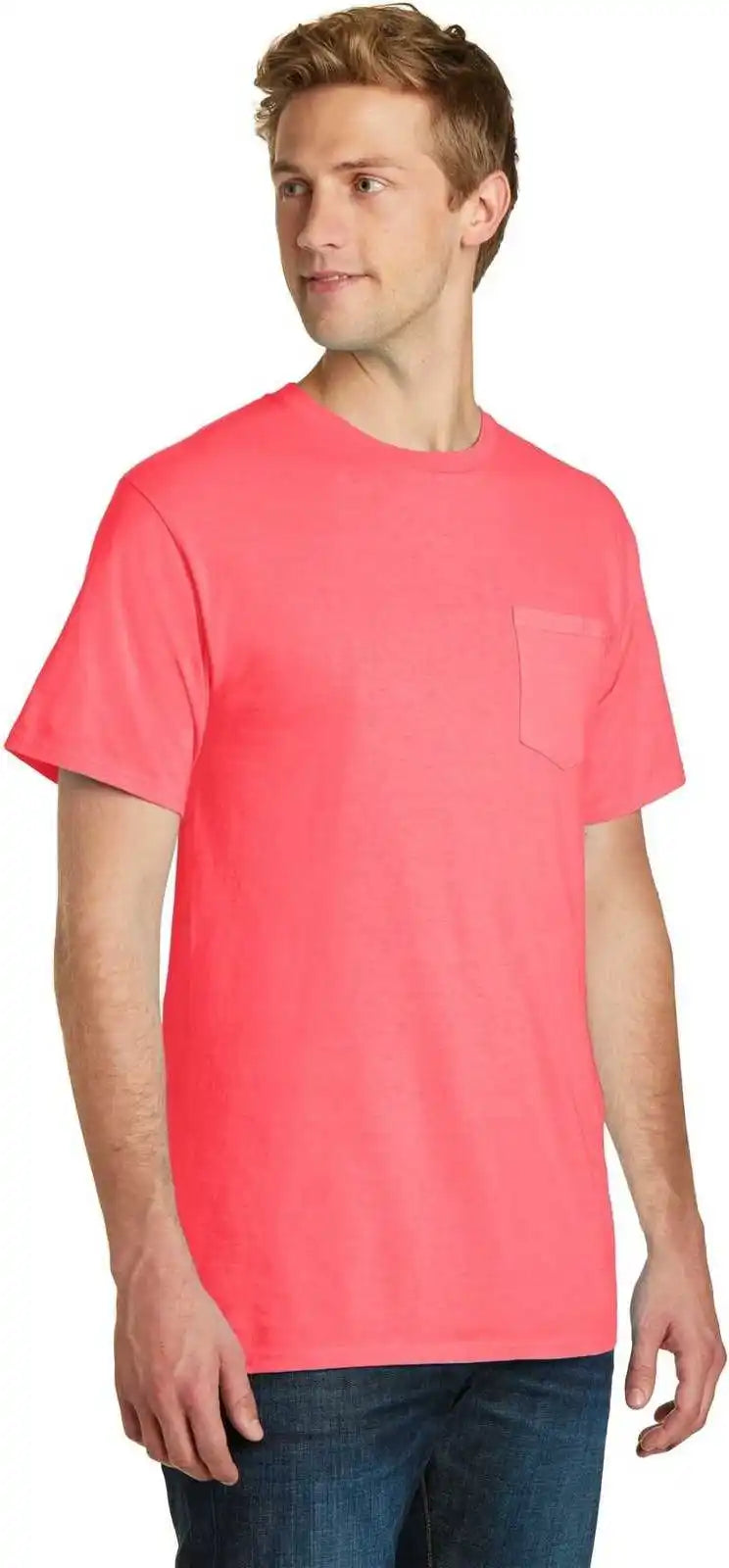Port &amp; Company Pc099p Beach Wash Garment-dyed Pocket Tee - Neon Coral