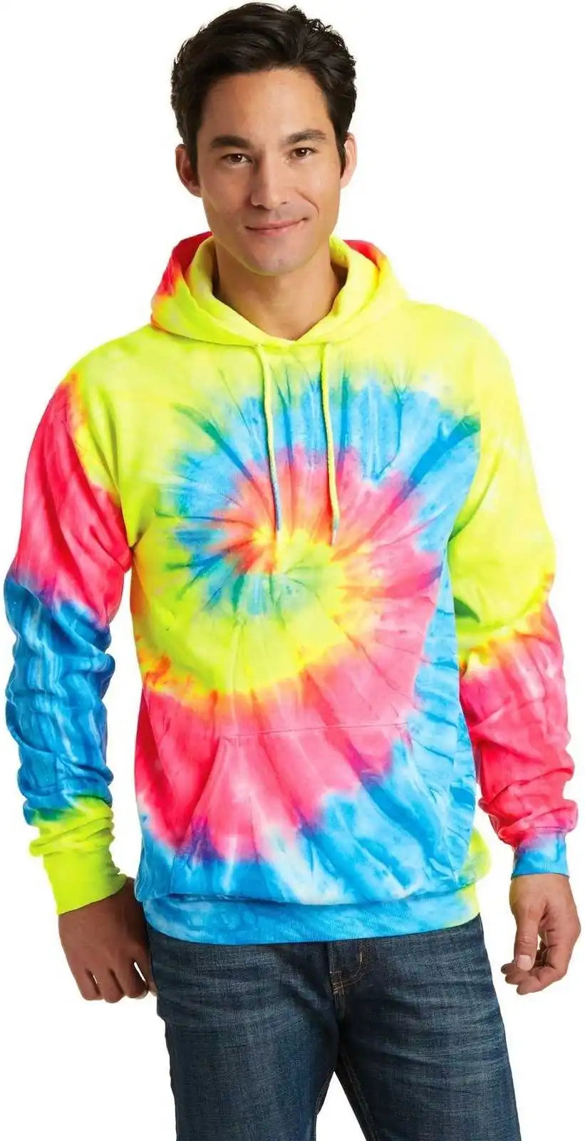 Port &amp; Company Pc146 Tie-dye Pullover Hooded Sweatshirt - Neon Rainbow