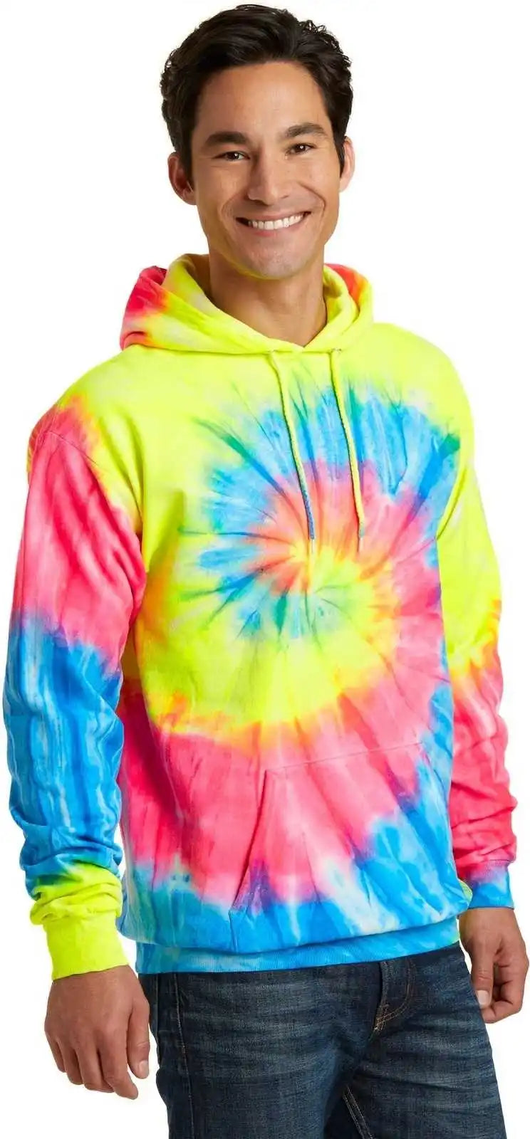 Port &amp; Company Pc146 Tie-dye Pullover Hooded Sweatshirt - Neon Rainbow