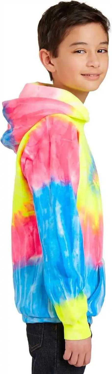 Port &amp; Company Pc146y Youth Tie Dye Pullover Hooded Sweatshirt Neon Rainbow