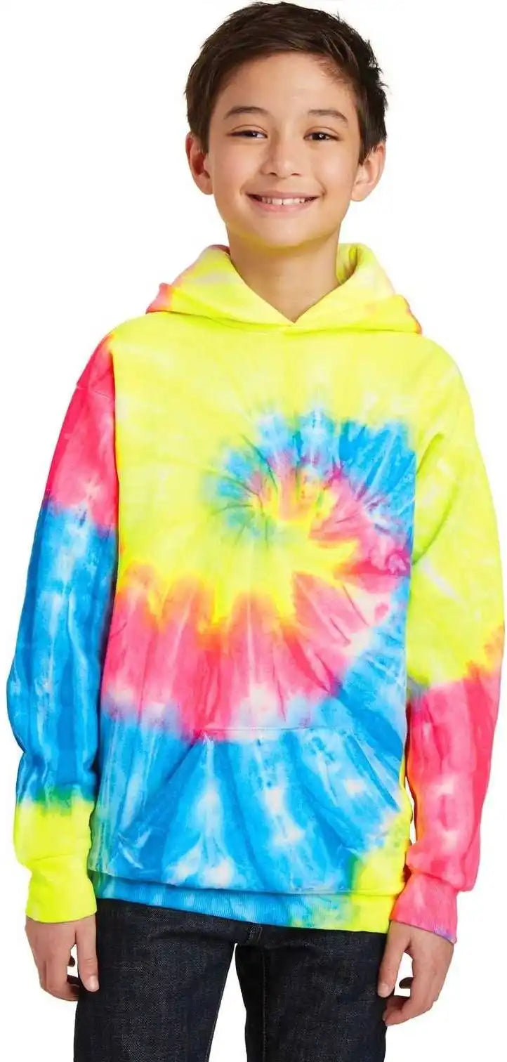 Port &amp; Company Pc146y Youth Tie Dye Pullover Hooded Sweatshirt Neon Rainbow
