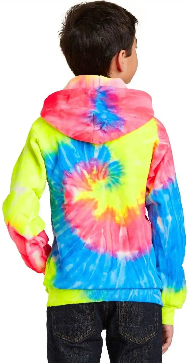 Port &amp; Company Pc146y Youth Tie Dye Pullover Hooded Sweatshirt Neon Rainbow