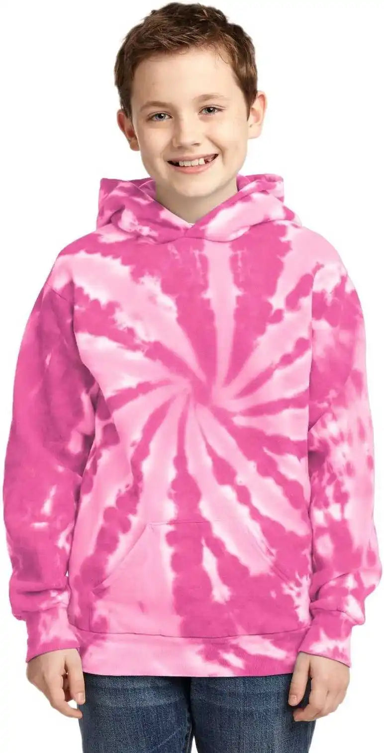 Port &amp; Company Pc146y Youth Tie Dye Pullover Hooded Sweatshirt Pink