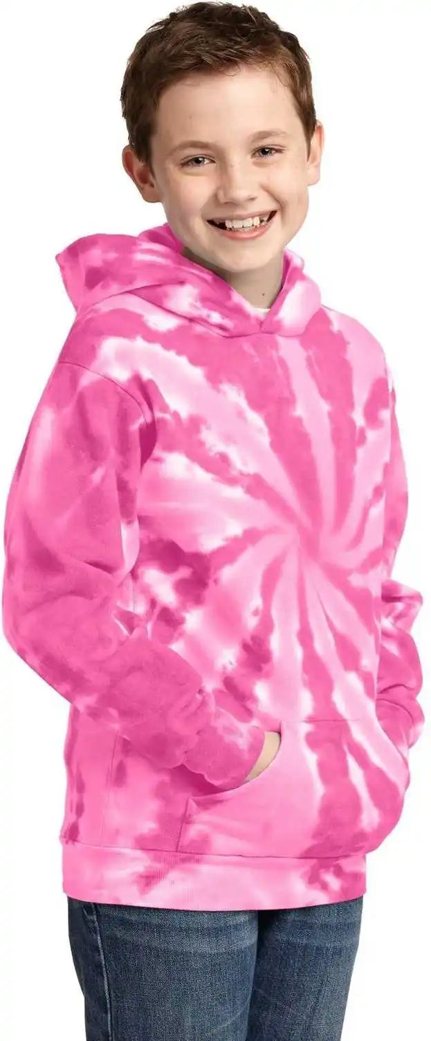 Port &amp; Company Pc146y Youth Tie Dye Pullover Hooded Sweatshirt Pink