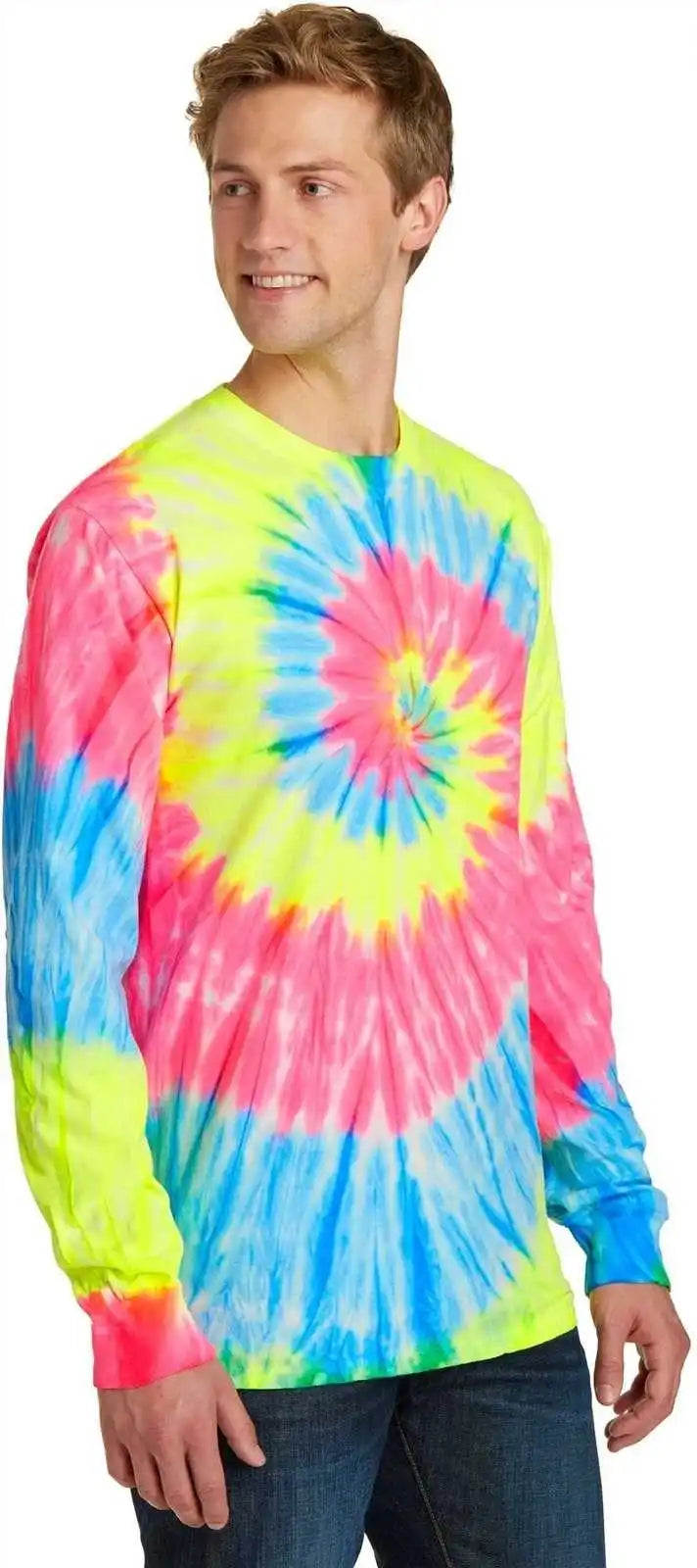 Port &amp; Company Pc147ls Tie Dye Long Sleeve Tee Neon Rainbow
