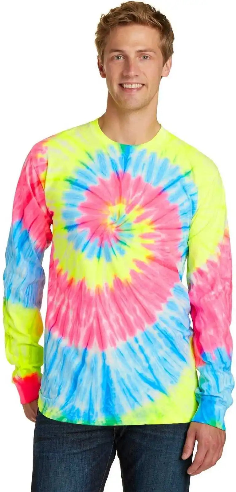 Port & Company Pc147ls Tie Dye Long Sleeve Tee Neon Rainbow