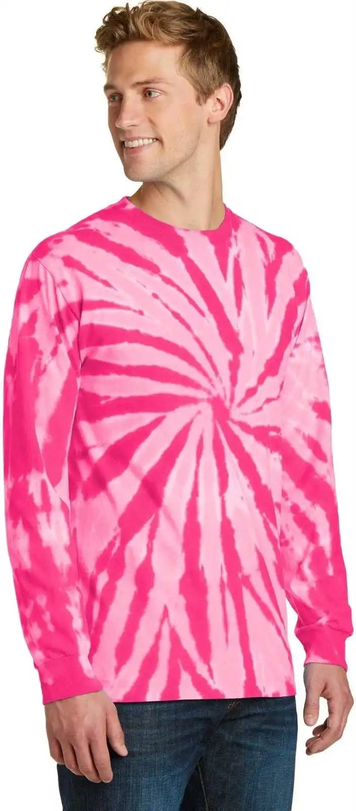 Port &amp; Company Pc147ls Tie Dye Long Sleeve Tee Pink