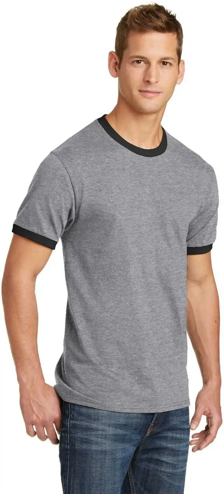Port &amp; Company Pc54r Core Cotton Ringer Tee Athletic Heather Jet Black