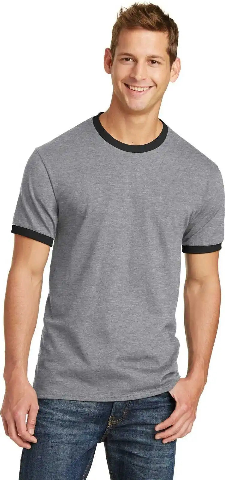 Port &amp; Company Pc54r Core Cotton Ringer Tee Athletic Heather Jet Black