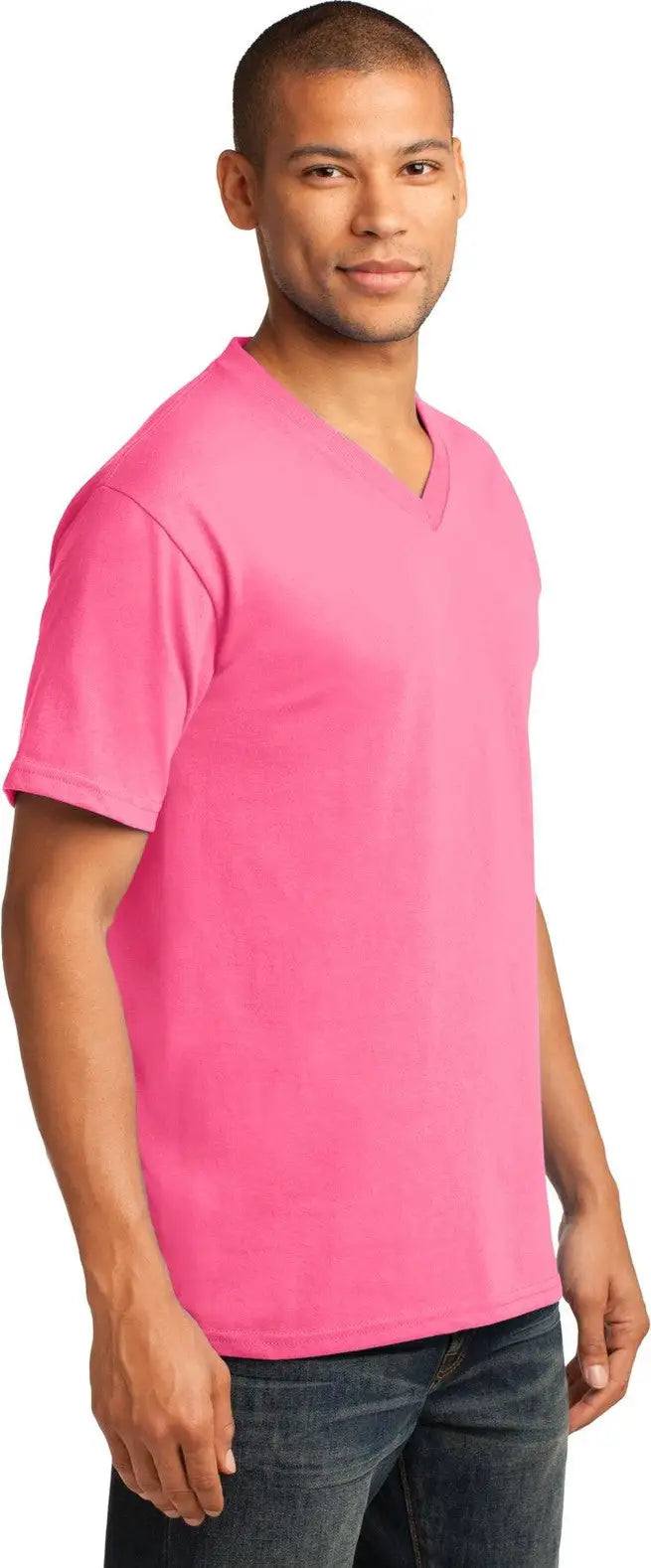 Port & Company Pc54v co Core Cotton V-neck Tee - Neon Pink