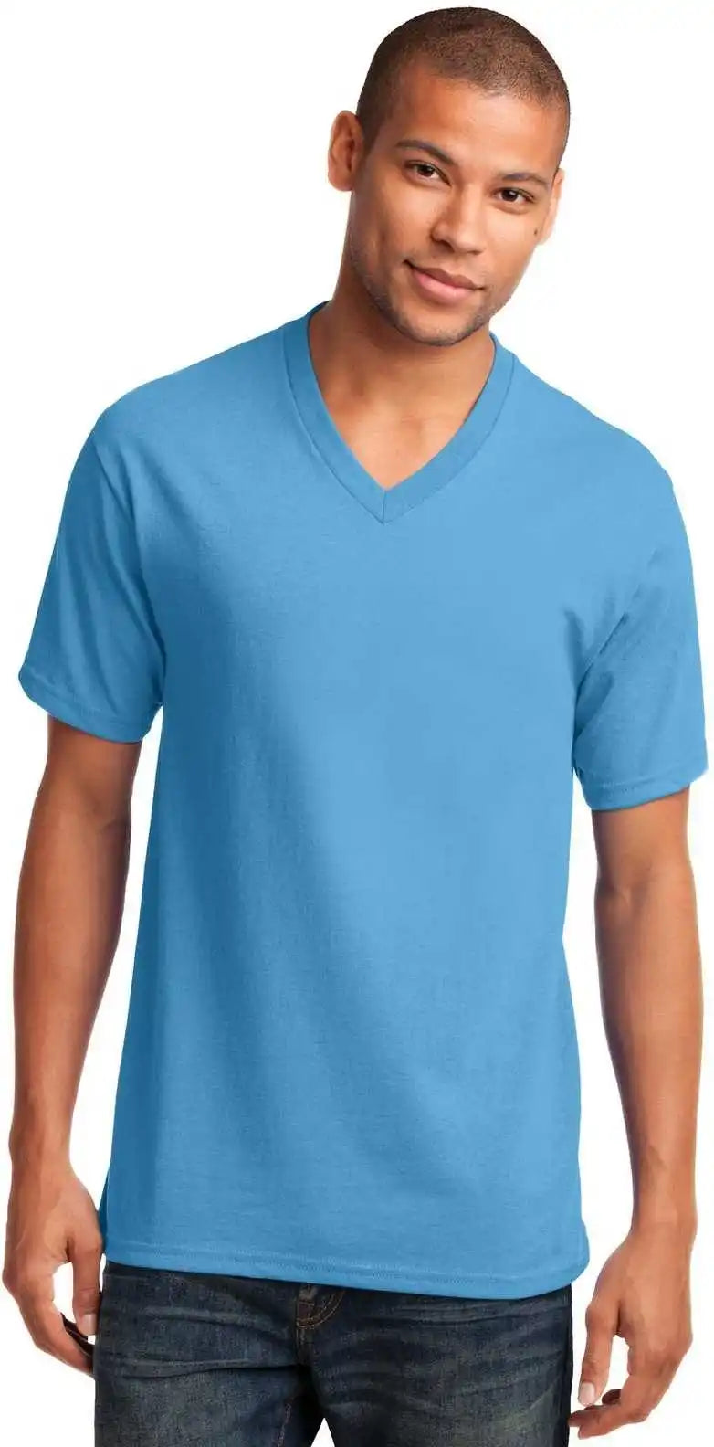 Port &amp; Company Pc54v Core Cotton v Neck Tee Aquatic Blue