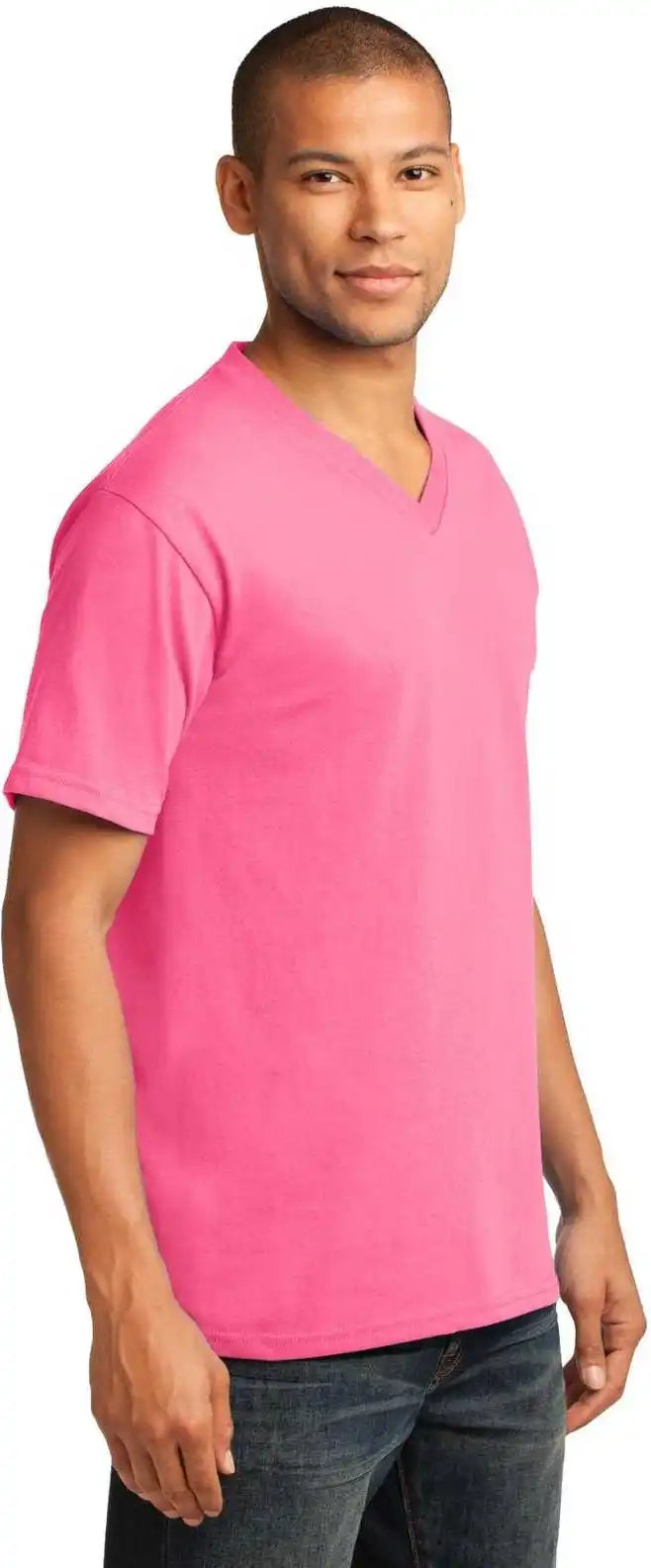 Port &amp; Company Pc54v Core Cotton v Neck Tee Neon Pink
