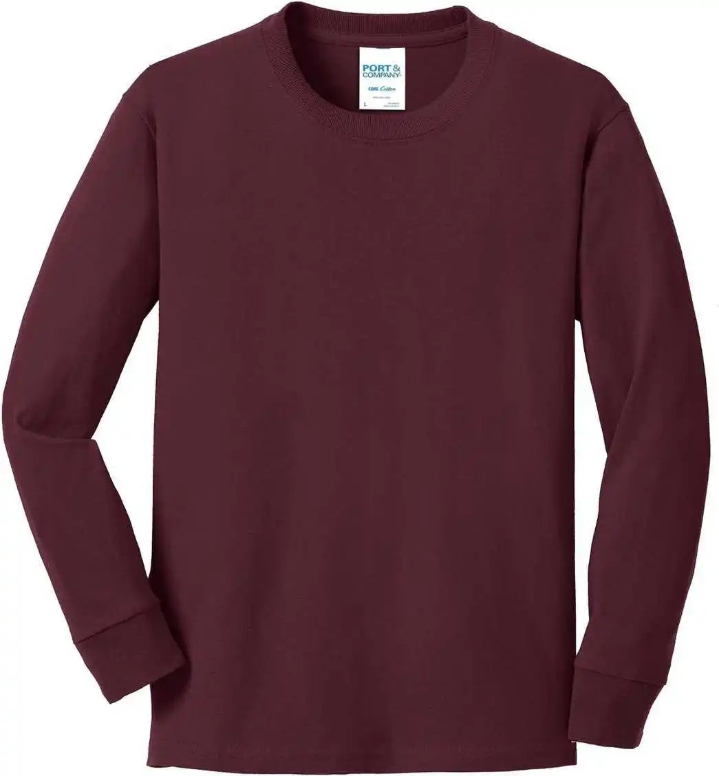 Port &amp; Company Pc54yls Youth Long Sleeve Core Cotton Tee Athletic Maroon