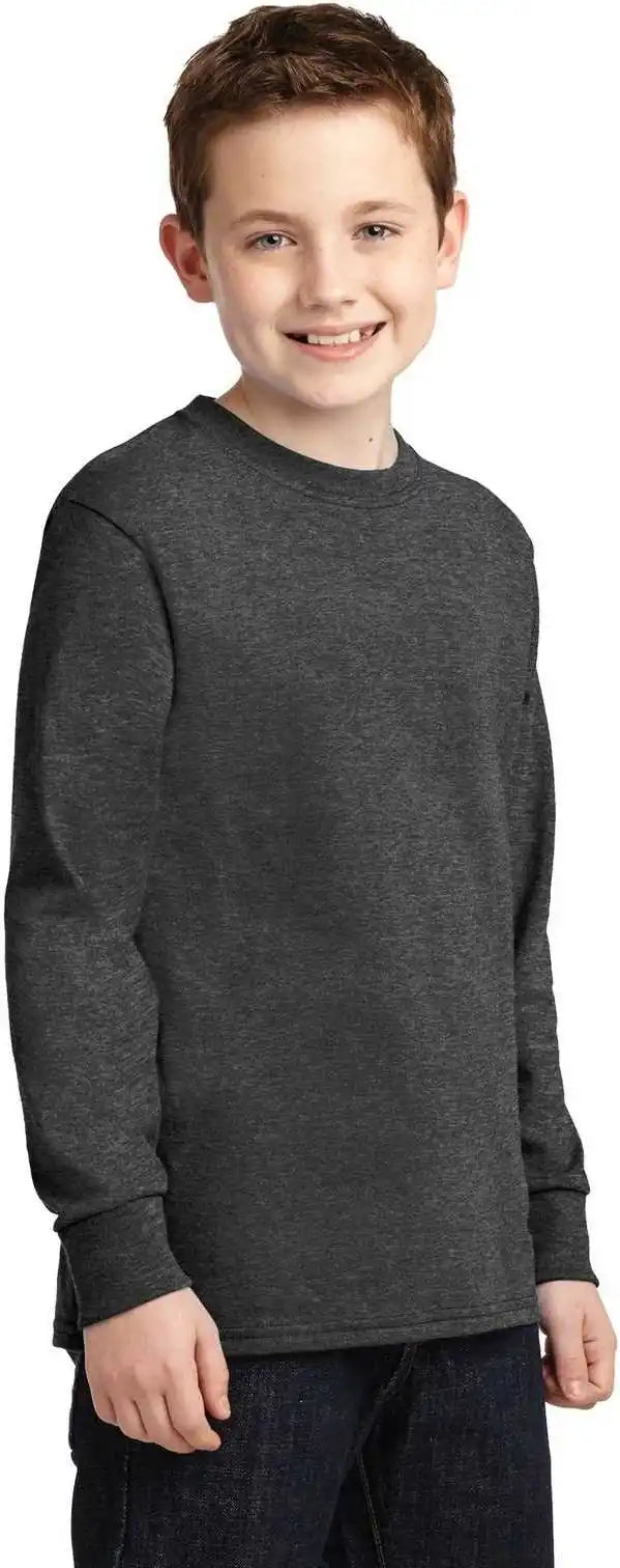 Port &amp; Company Pc54yls Youth Long Sleeve Core Cotton Tee Dark Heather Gray