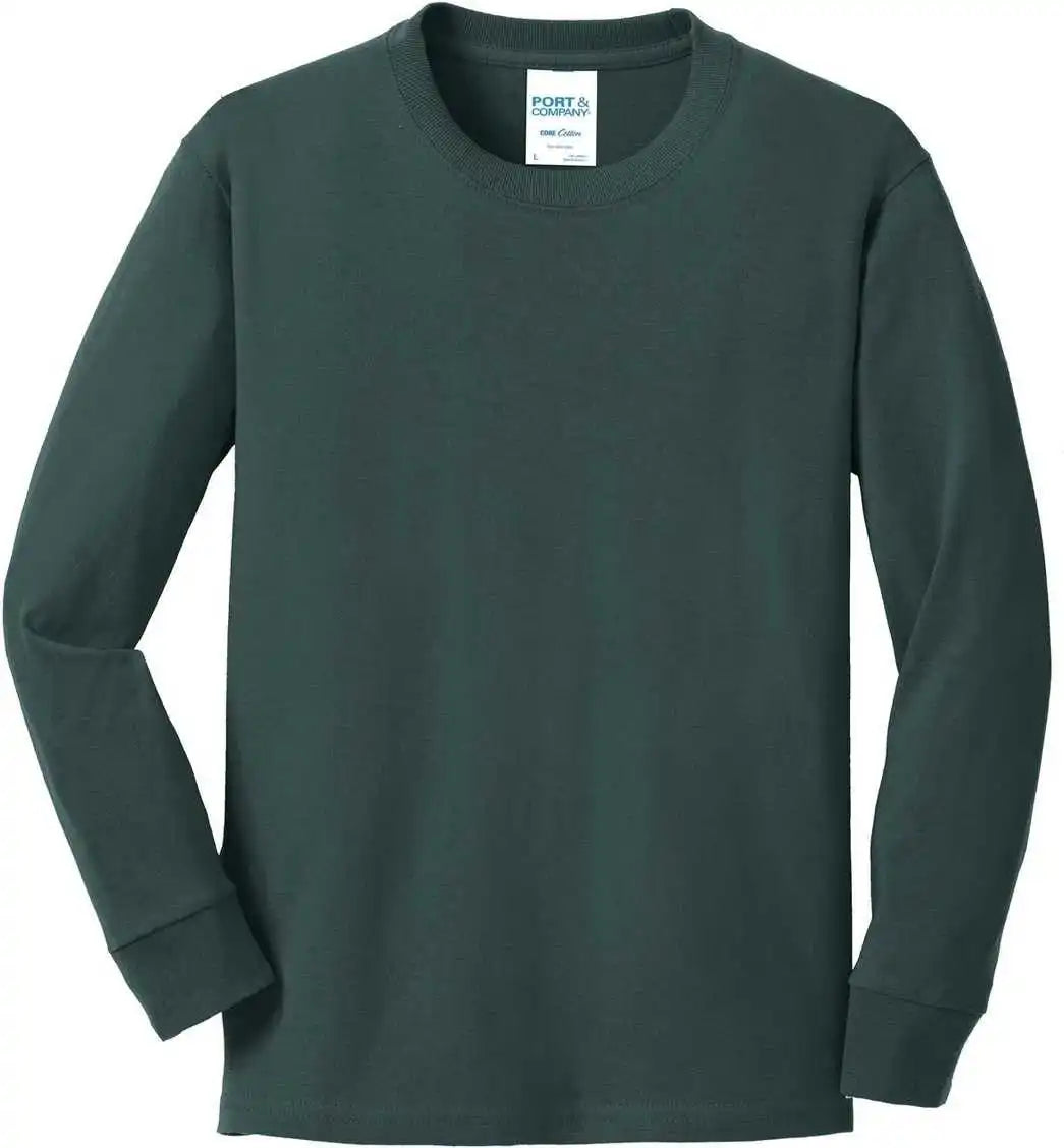Port &amp; Company Pc54yls Youth Long Sleeve Core Cotton Tee Dark Green