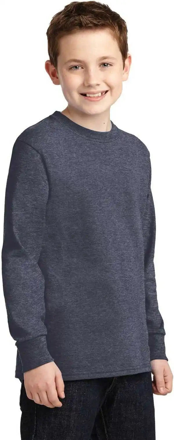 Port &amp; Company Pc54yls Youth Long Sleeve Core Cotton Tee Heather Navy