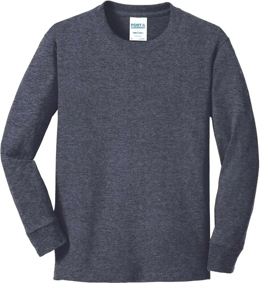 Port &amp; Company Pc54yls Youth Long Sleeve Core Cotton Tee Heather Navy