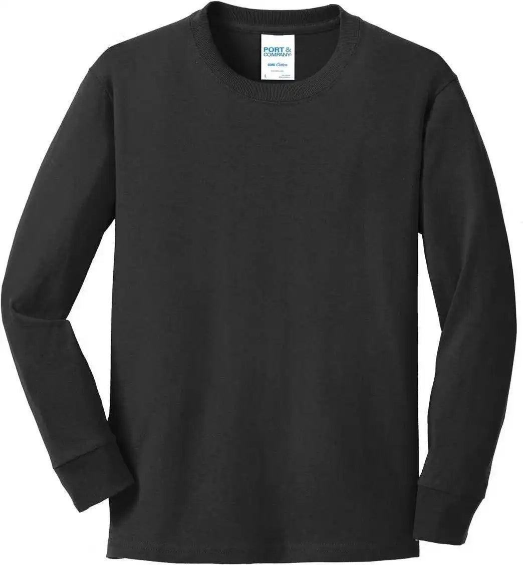 Port &amp; Company Pc54yls Youth Long Sleeve Core Cotton Tee Jet Black