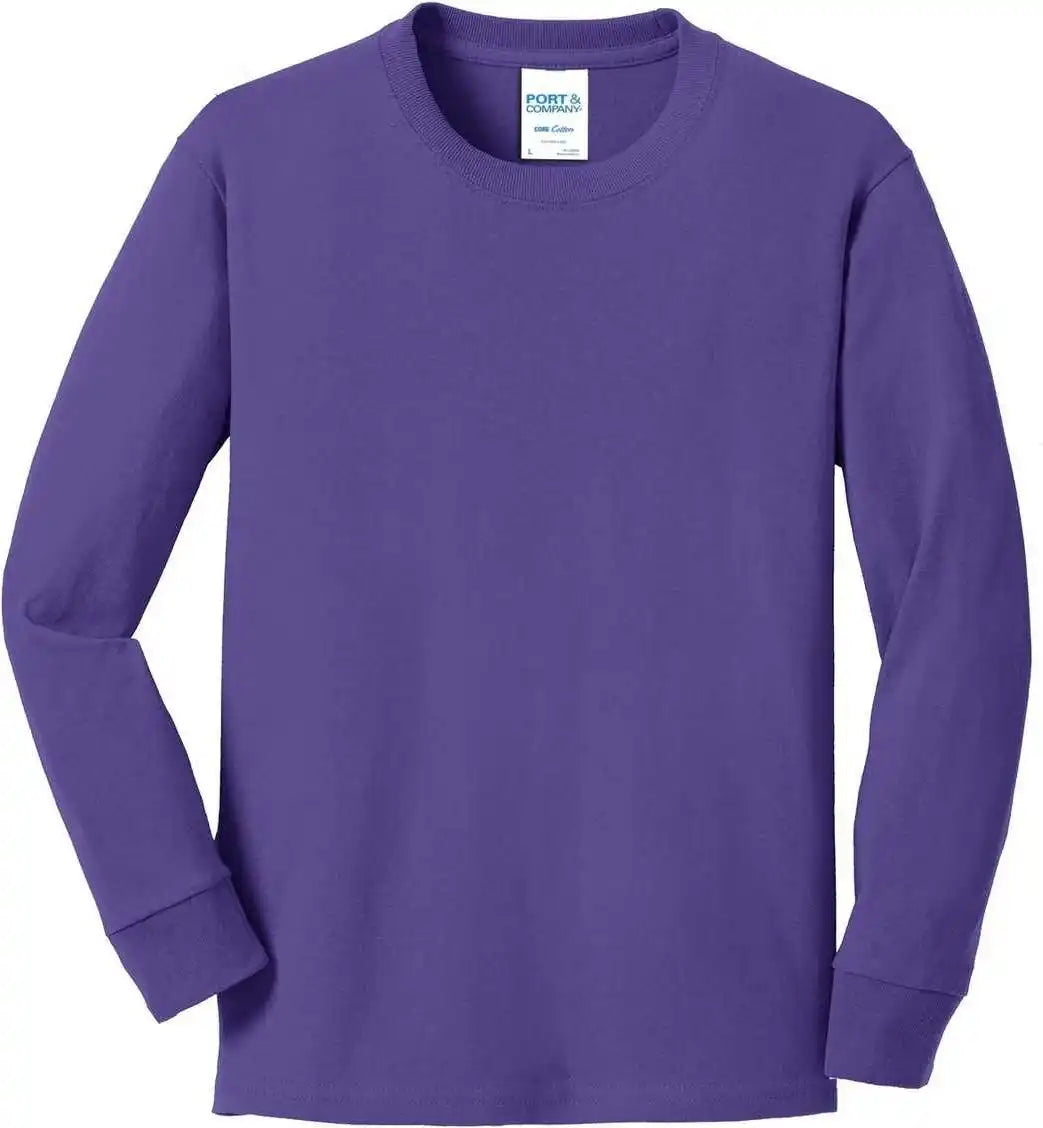 Port &amp; Company Pc54yls Youth Long Sleeve Core Cotton Tee Purple