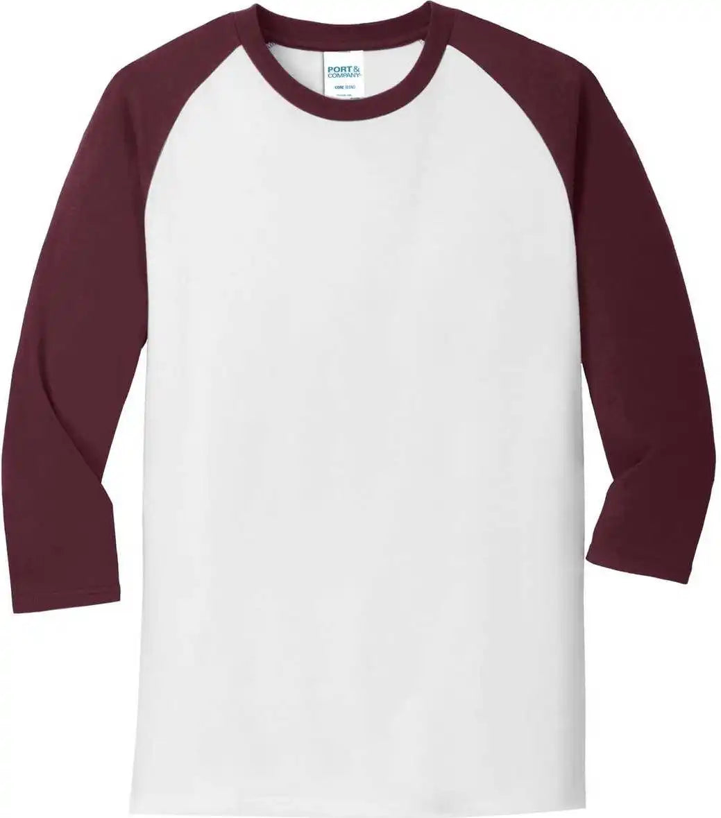 Port & Company Pc55rs Core Blend 3/4 Sleeve Raglan Tee White Athletic Maroon