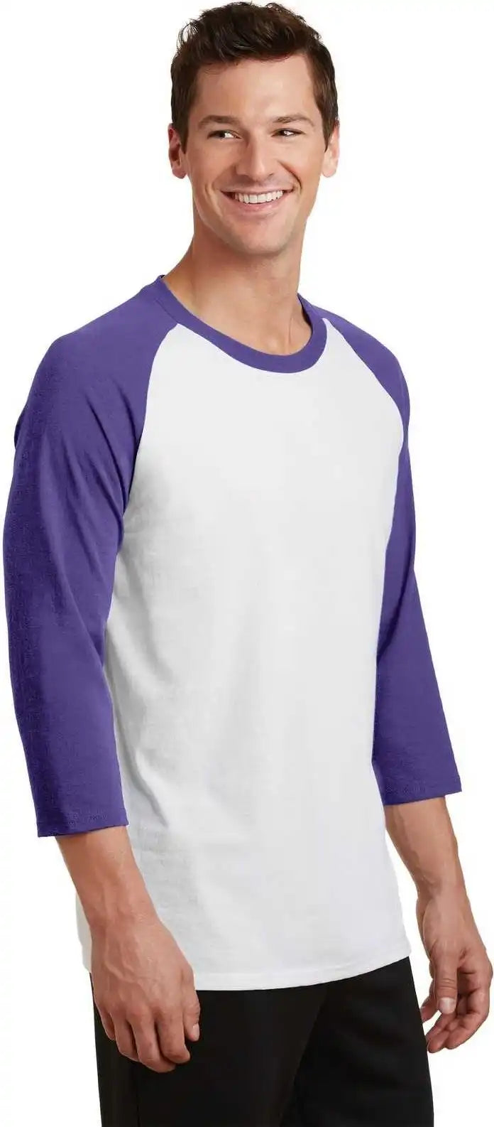 Port &amp; Company Pc55rs Core Blend 3/4 Sleeve Raglan Tee White Purple