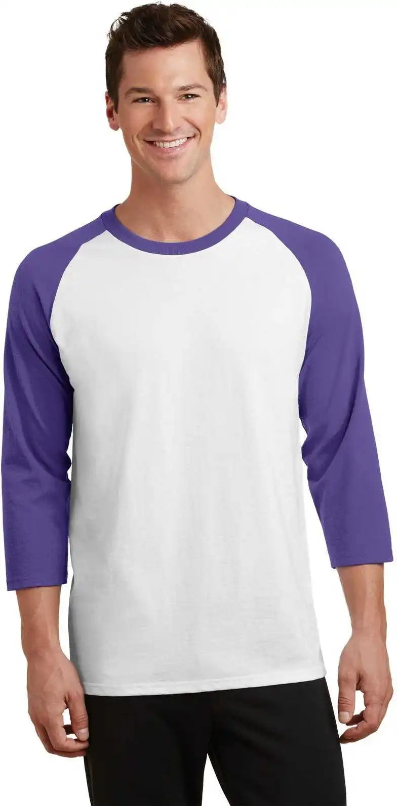 Port &amp; Company Pc55rs Core Blend 3/4 Sleeve Raglan Tee White Purple