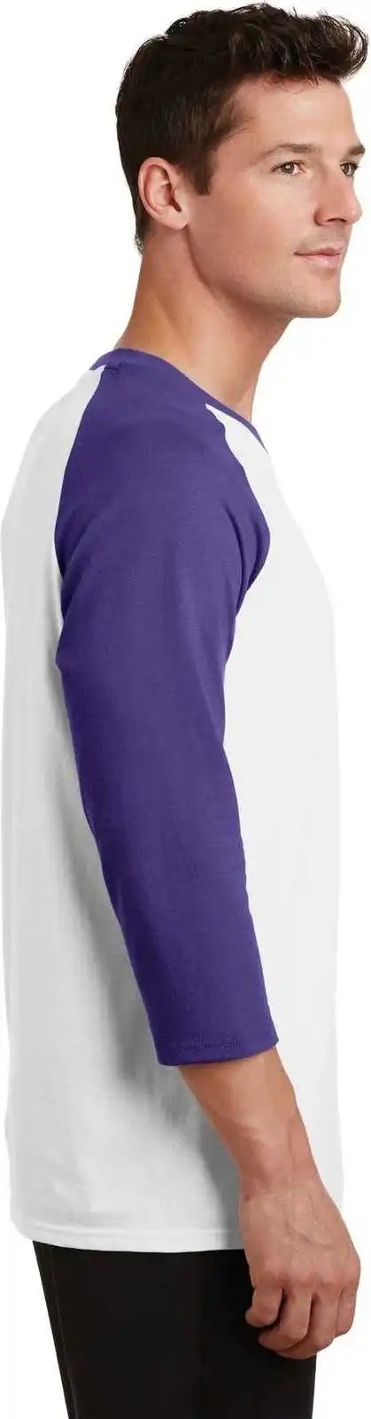 Port &amp; Company Pc55rs Core Blend 3/4 Sleeve Raglan Tee White Purple