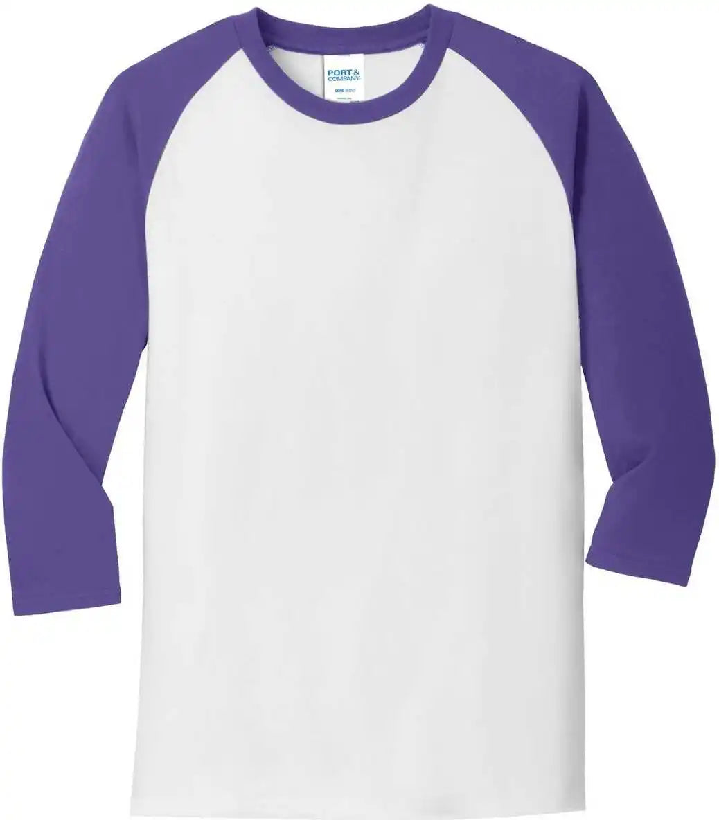 Port &amp; Company Pc55rs Core Blend 3/4 Sleeve Raglan Tee White Purple