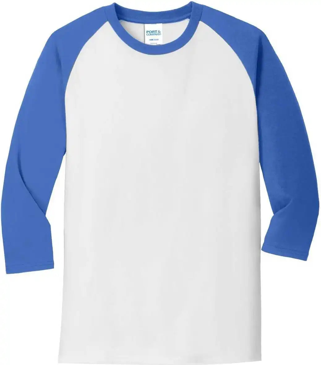 Port &amp; Company Pc55rs Core Blend 3/4 Sleeve Raglan Tee White Royal