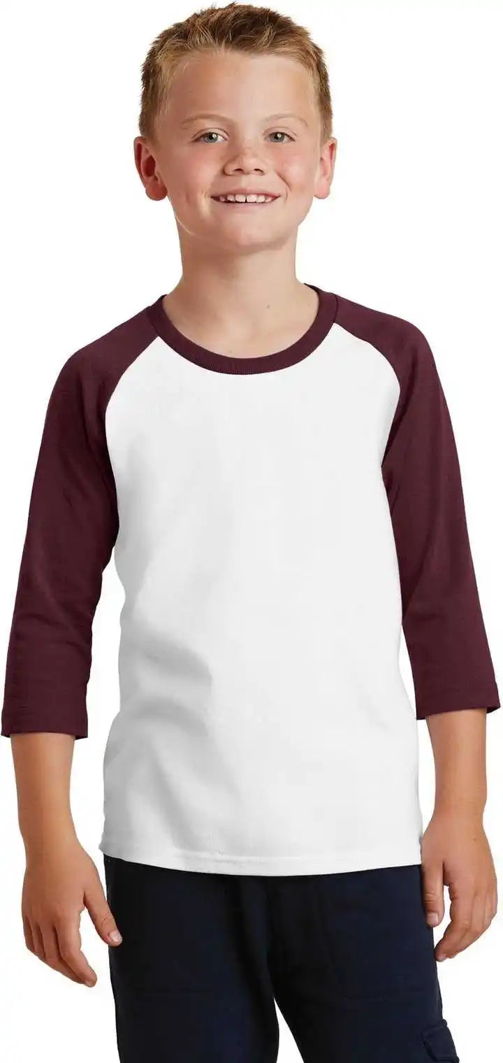 Port & Company Pc55yrs Youth Core Blend 3/4-sleeve Raglan Tee - White Athletic Maroon