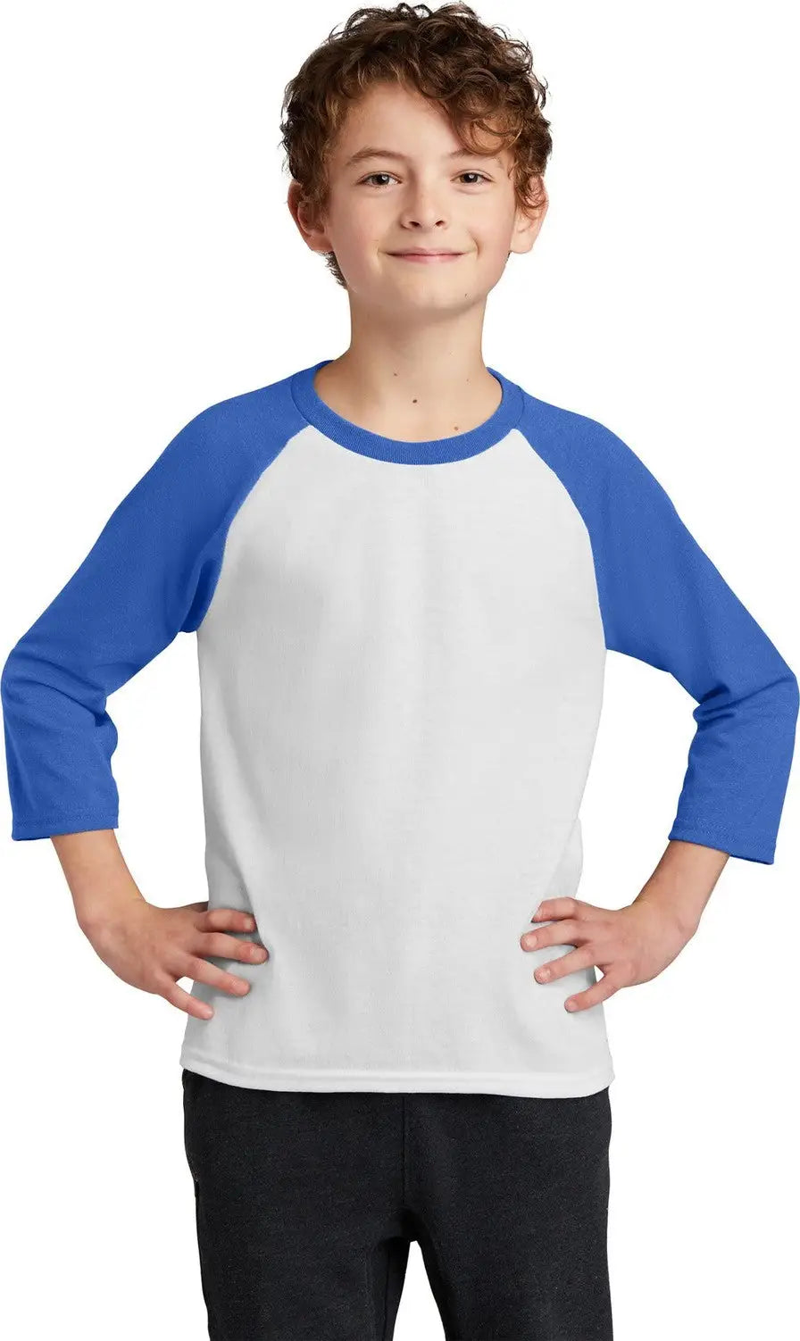 Port & Company Pc55yrs Youth Core Blend 3/4-sleeve Raglan Tee - White Royal