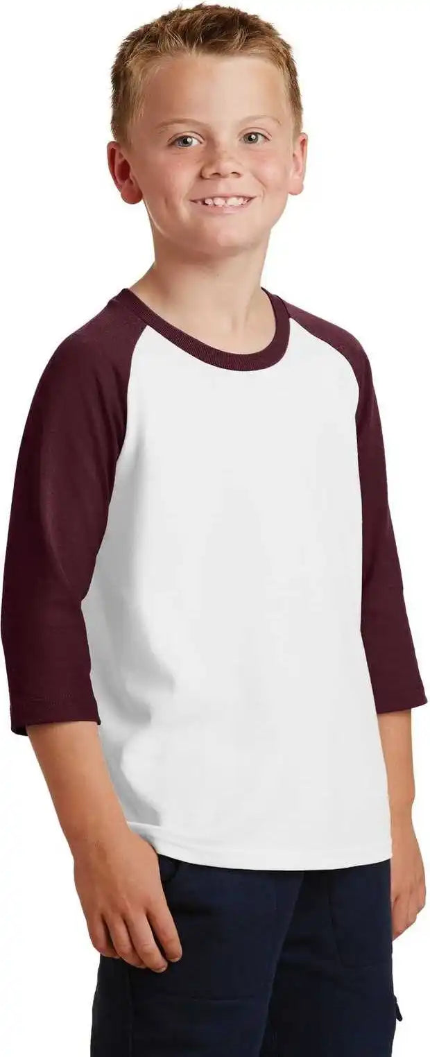 Port &amp; Company Pc55yrs Youth Core Blend 3/4-sleeve Raglan Tee - White Athletic Maroon