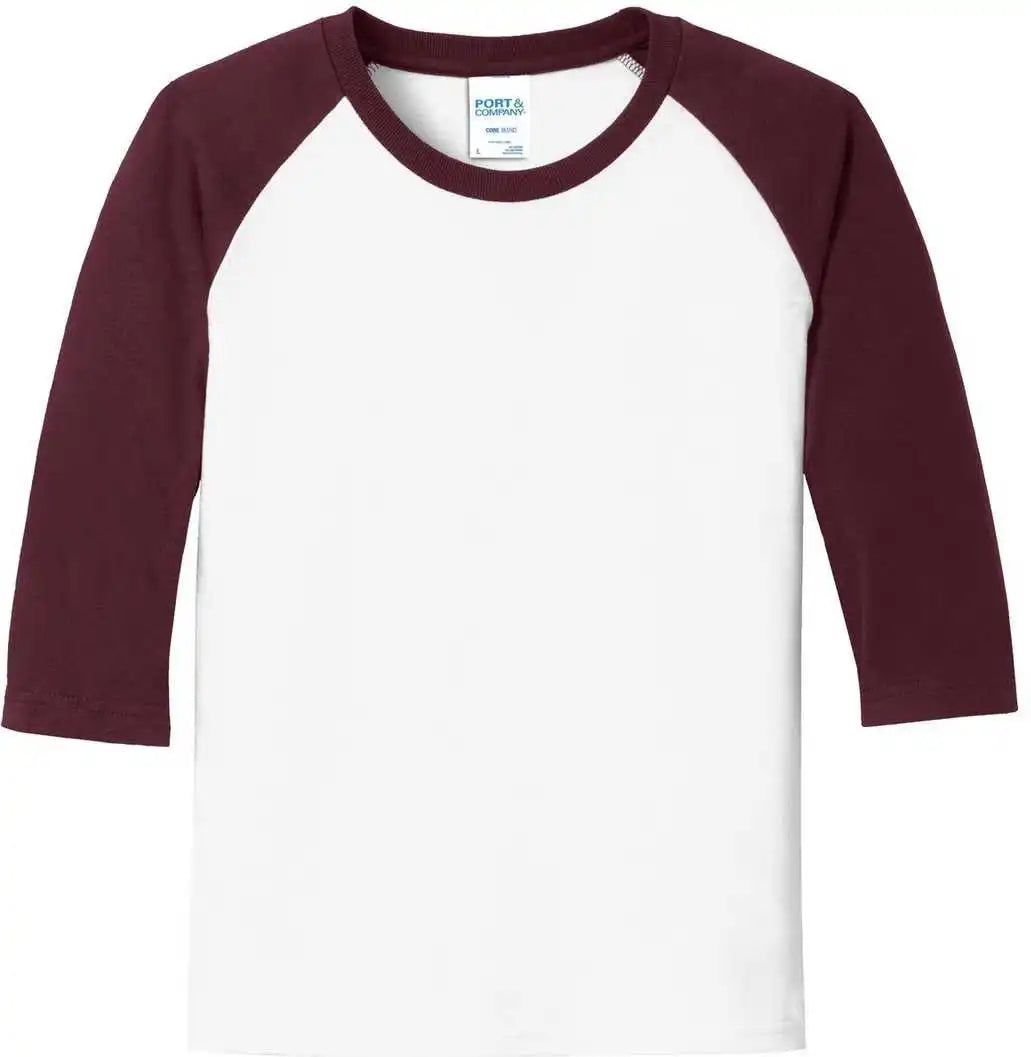 Port &amp; Company Pc55yrs Youth Core Blend 3/4-sleeve Raglan Tee - White Athletic Maroon