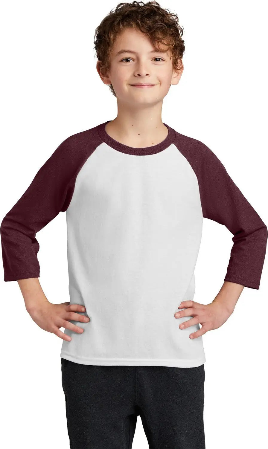 Port & Company Pc55yrs Youth Core Blend 3/4-sleeve Raglan Tee - White Athletic Maroon