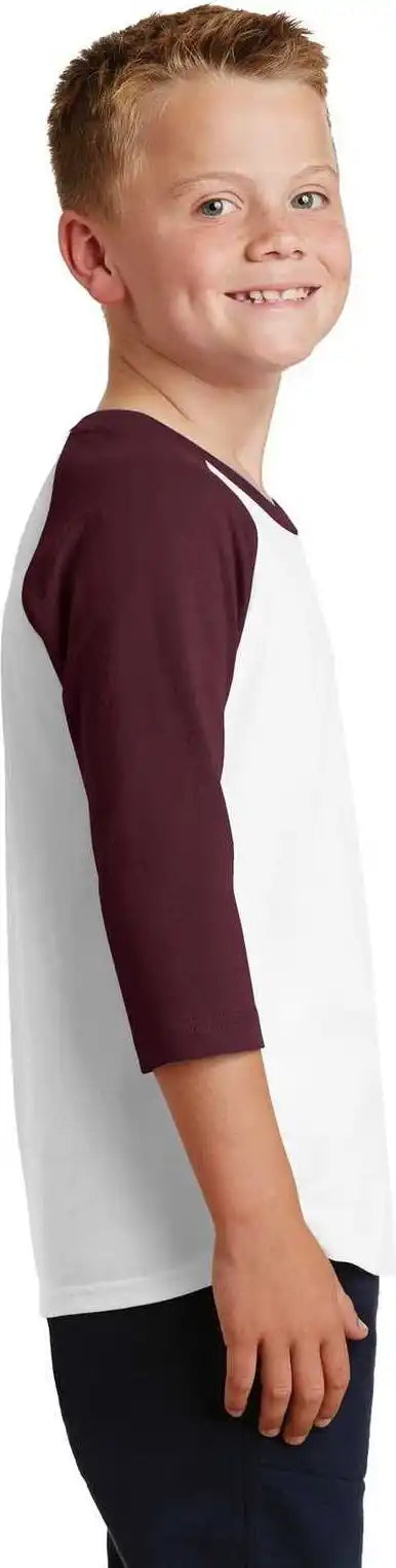 Port &amp; Company Pc55yrs Youth Core Blend 3/4-sleeve Raglan Tee - White Athletic Maroon