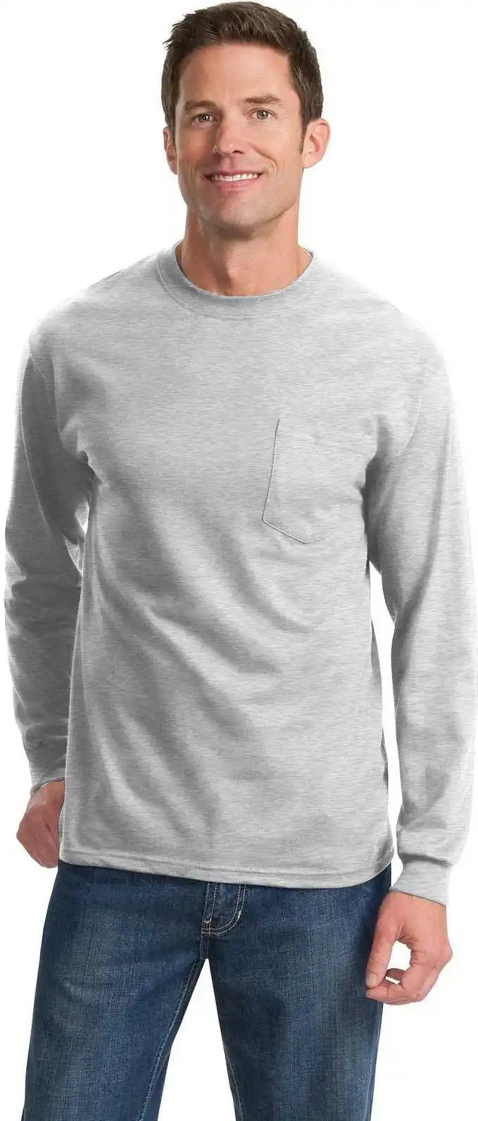 Port & Company Pc61lsp Long Sleeve Essential Pocket Tee Ash