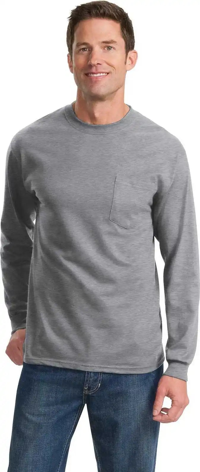 Port & Company Pc61lsp Long Sleeve Essential Pocket Tee Athletic Heather