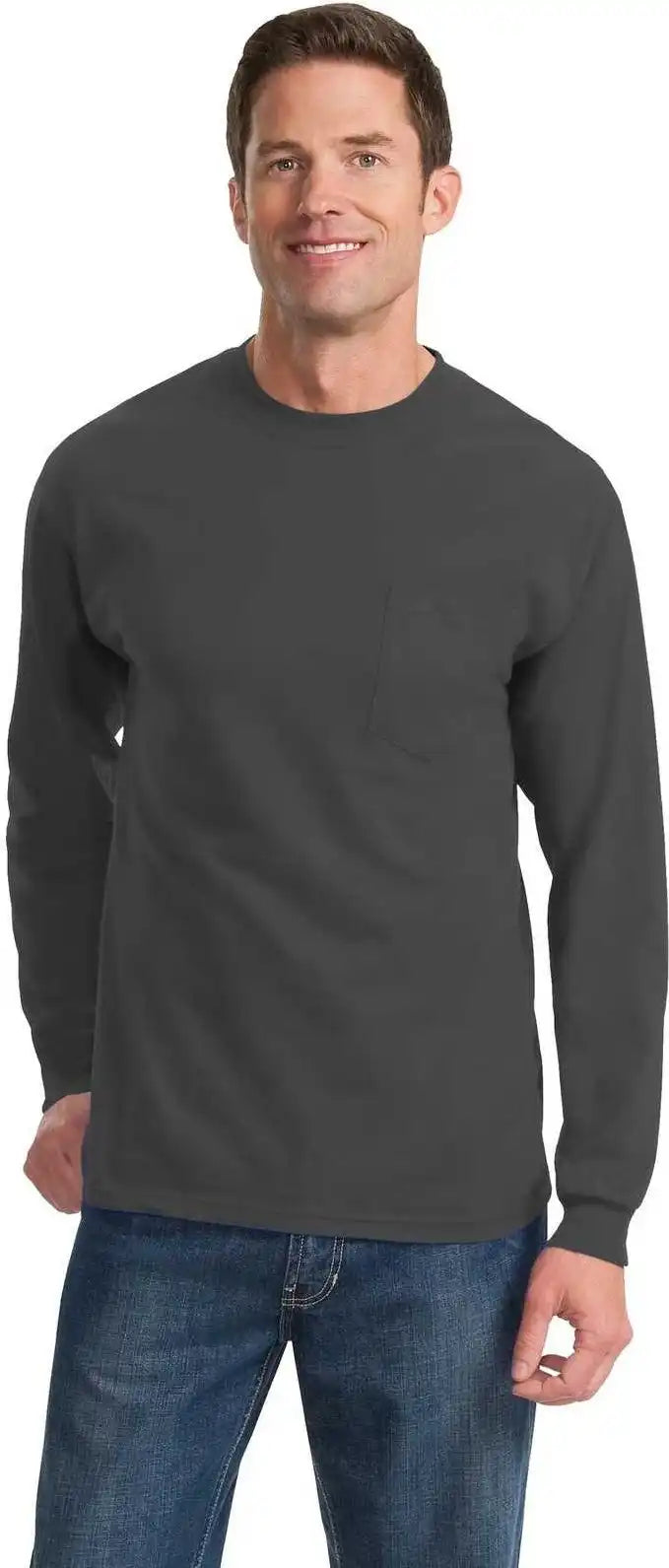 Port & Company Pc61lsp Long Sleeve Essential Pocket Tee Charcoal
