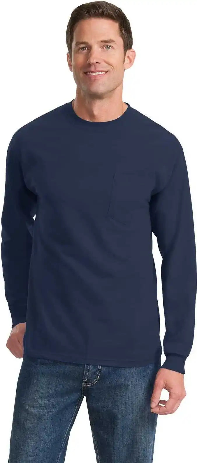 Port & Company Pc61lsp Long Sleeve Essential Pocket Tee Navy
