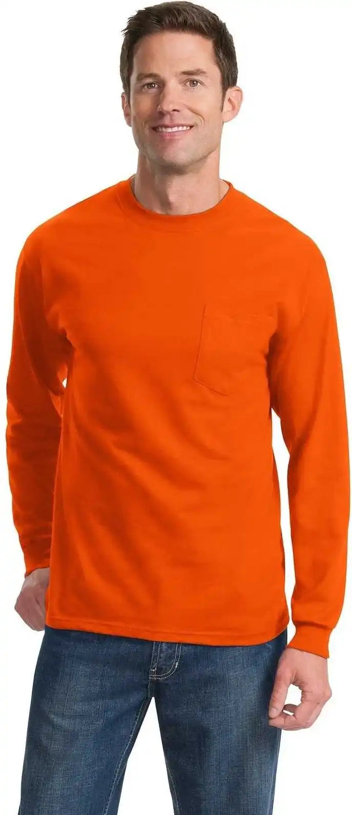 Port & Company Pc61lspt Tall Long Sleeve Essential Pocket Tee Orange