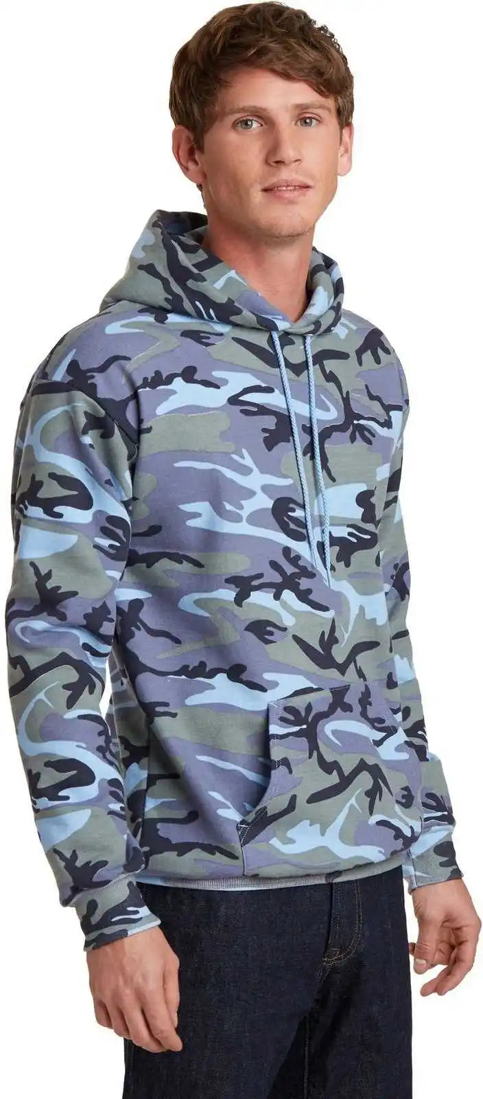 Port &amp; Company Pc78hc Core Fleece Camo Pullover Hooded Sweatshirt Woodland Blue